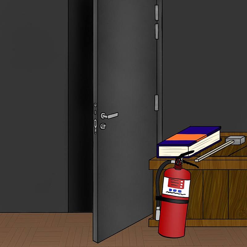 A red fire extinguisher mounted beside an open door