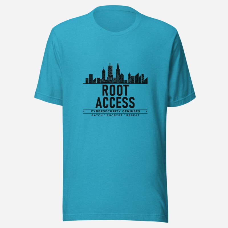 Cybersecurity Geniuses Root Access Badge Tee Heather Aqua